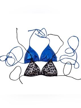 2 Triangle Bikini Tops metallic Blue / Black & silver sequined print women’s M